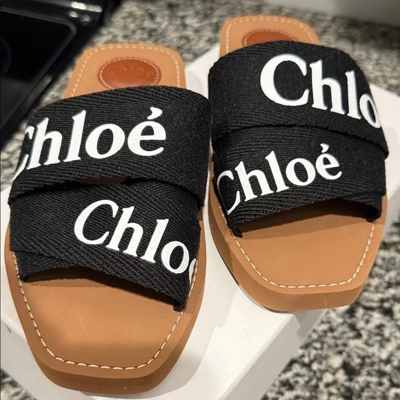 Chloé Black Canvas Logo Slide Sandals with Tan Footbed - Picture 2 of 8